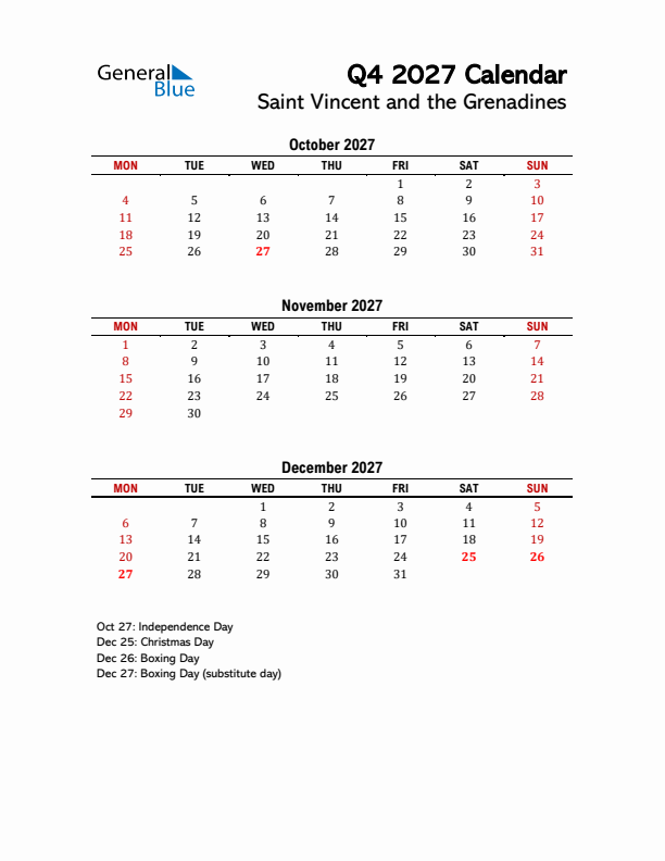2027 Q4 Calendar with Holidays List for Saint Vincent and the Grenadines