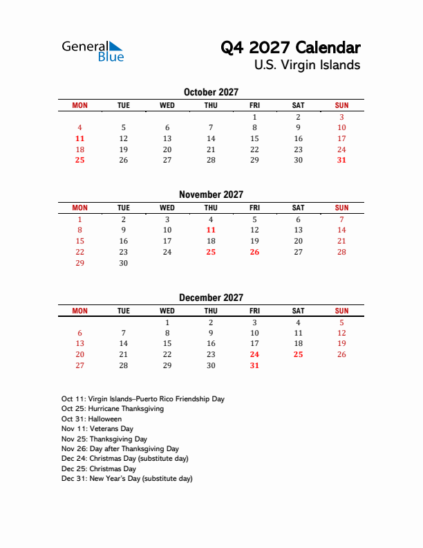 2027 Q4 Calendar with Holidays List for U.S. Virgin Islands