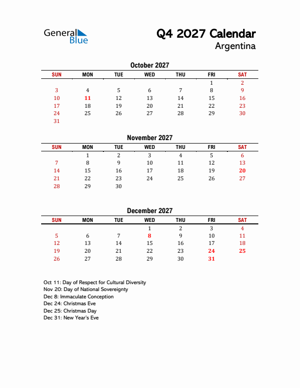 2027 Q4 Calendar with Holidays List for Argentina