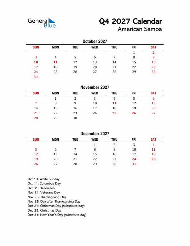 2027 Q4 Calendar with Holidays List for American Samoa