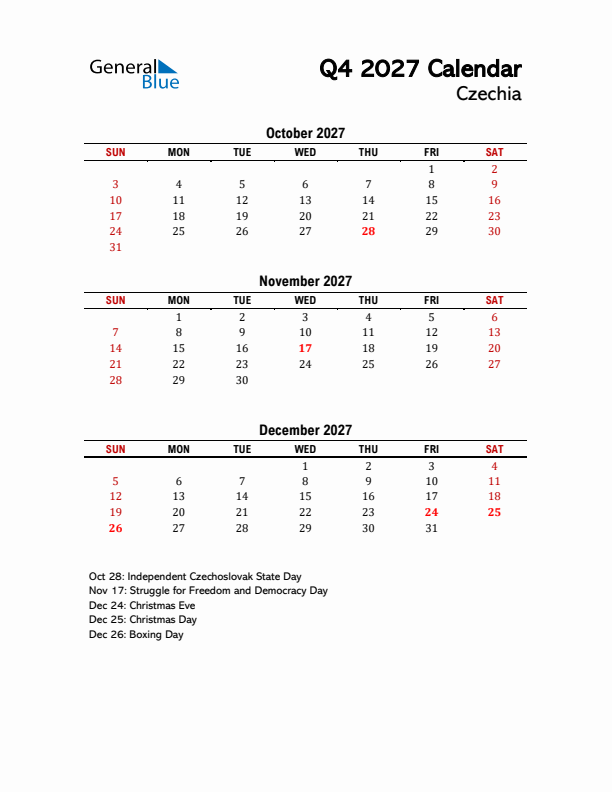 2027 Q4 Calendar with Holidays List for Czechia