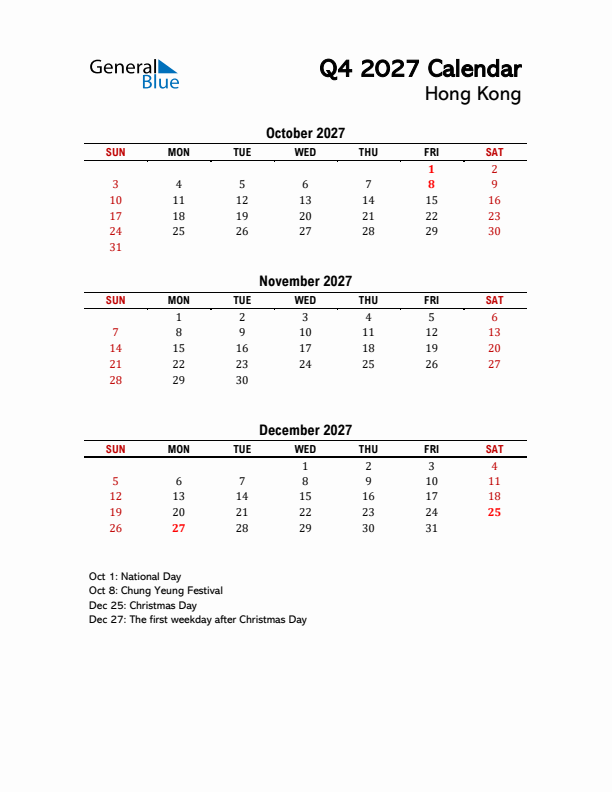2027 Q4 Calendar with Holidays List for Hong Kong