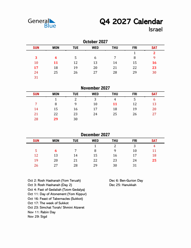 2027 Q4 Calendar with Holidays List for Israel