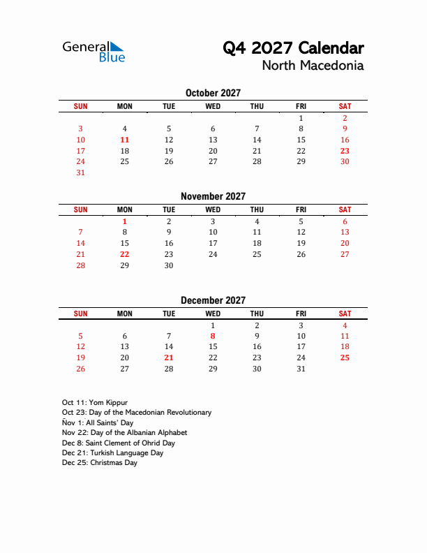 2027 Q4 Calendar with Holidays List for North Macedonia