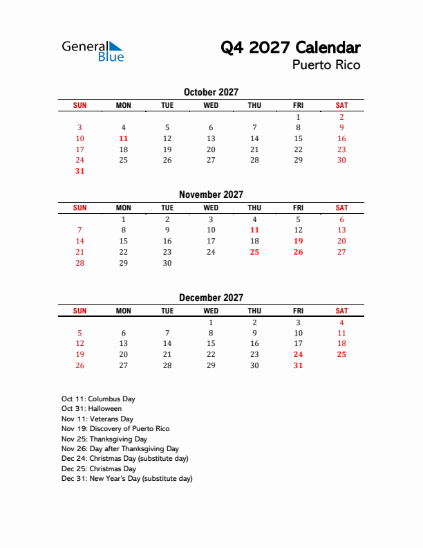 2027 Q4 Calendar with Holidays List for Puerto Rico