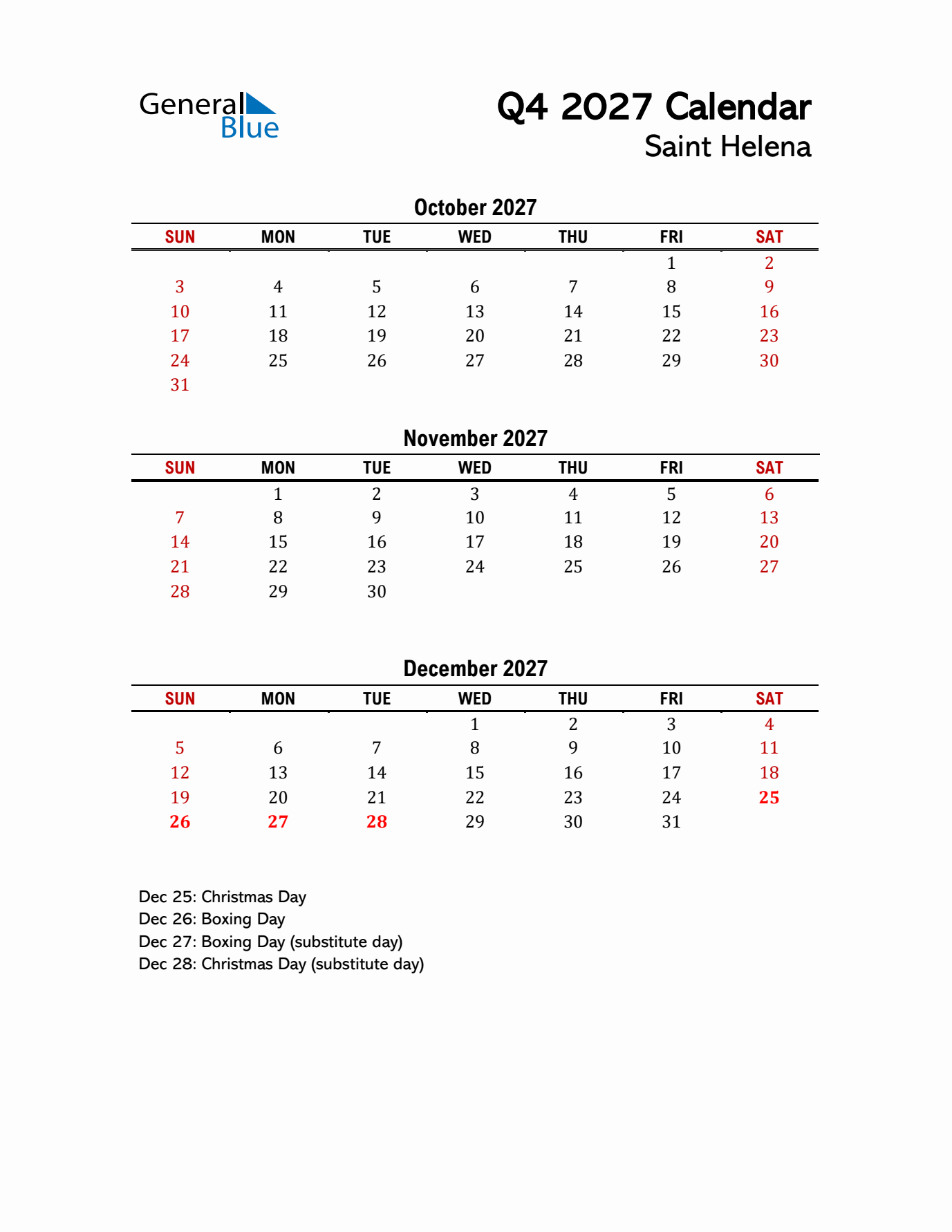 2027 Q4 Calendar with Holidays List for Saint Helena