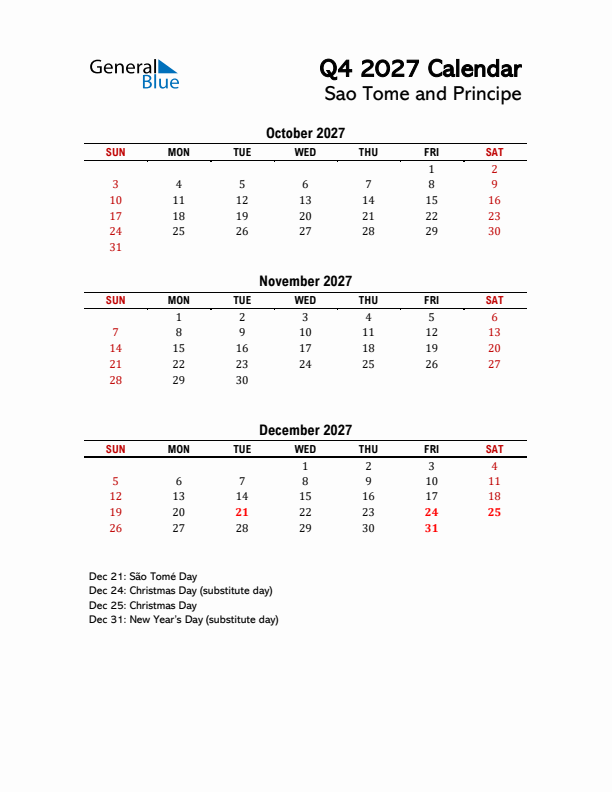 2027 Q4 Calendar with Holidays List for Sao Tome and Principe