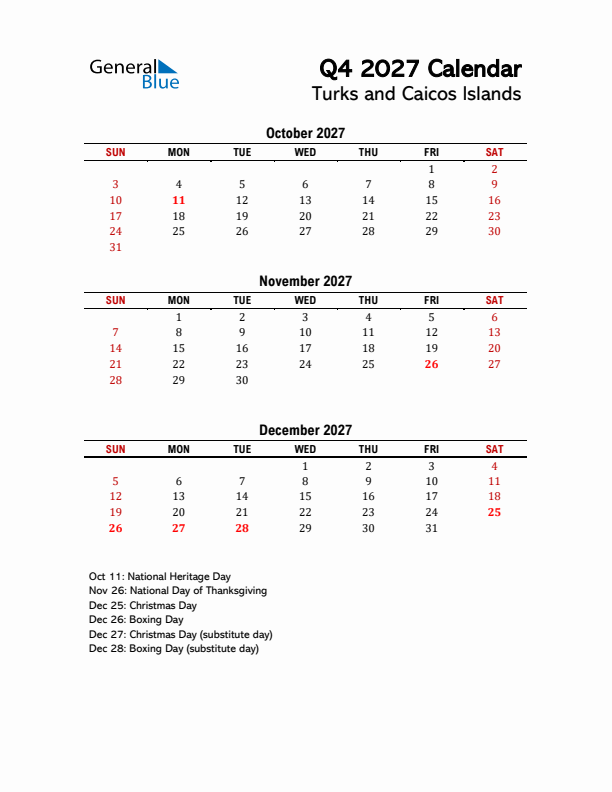 2027 Q4 Calendar with Holidays List for Turks and Caicos Islands