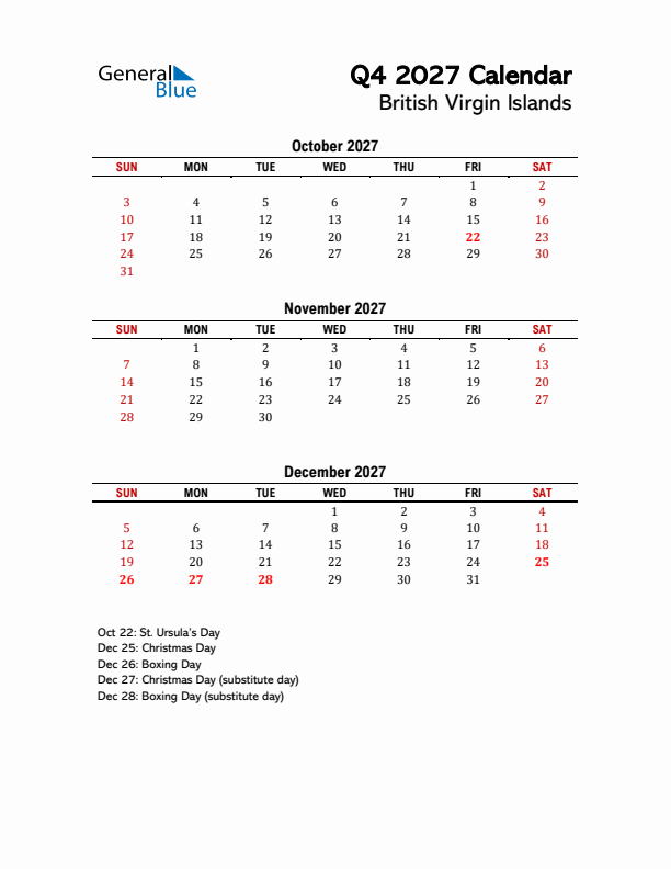 2027 Q4 Calendar with Holidays List for British Virgin Islands