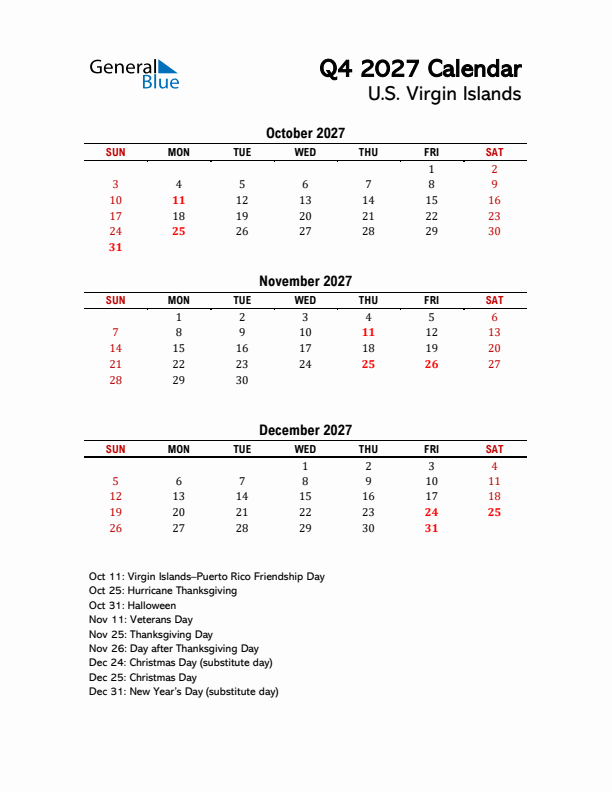 2027 Q4 Calendar with Holidays List for U.S. Virgin Islands