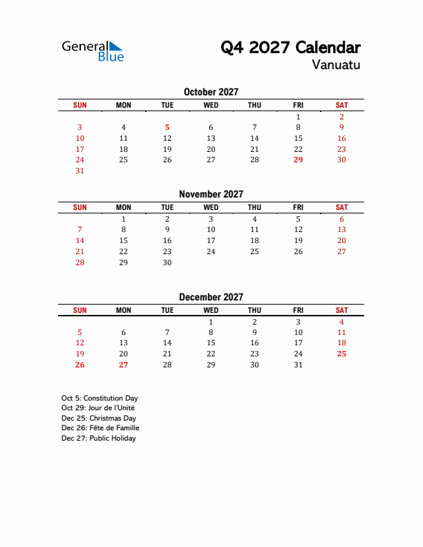 2027 Q4 Calendar with Holidays List for Vanuatu