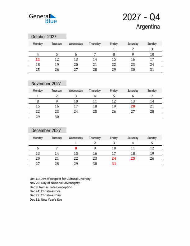 Argentina Quarter 4 2027 Calendar with Holidays