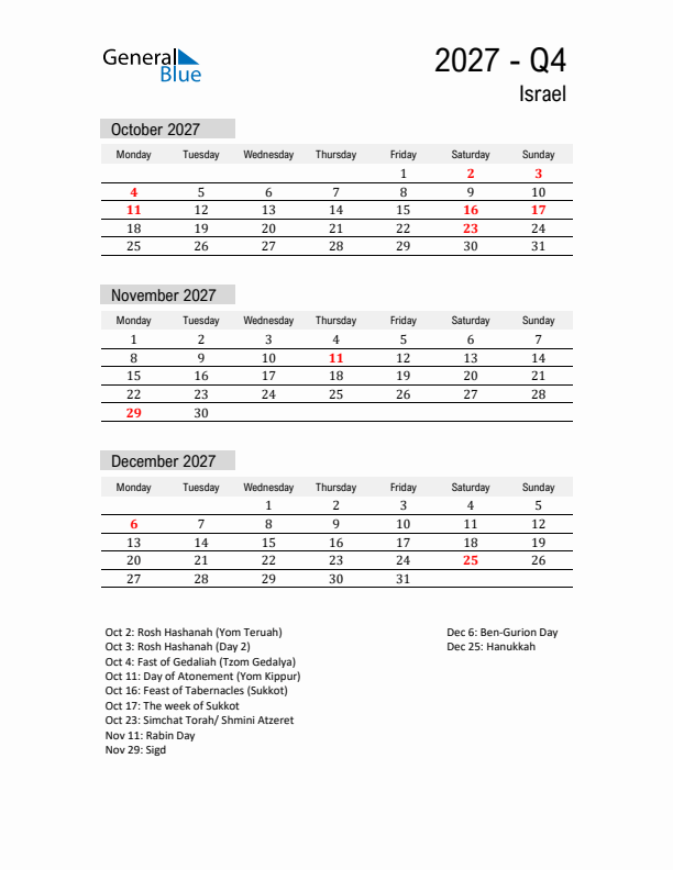 Israel Quarter 4 2027 Calendar with Holidays