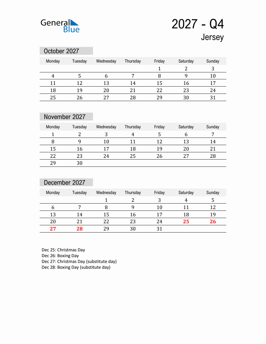 Jersey Quarter 4 2027 Calendar with Holidays - Monday Start