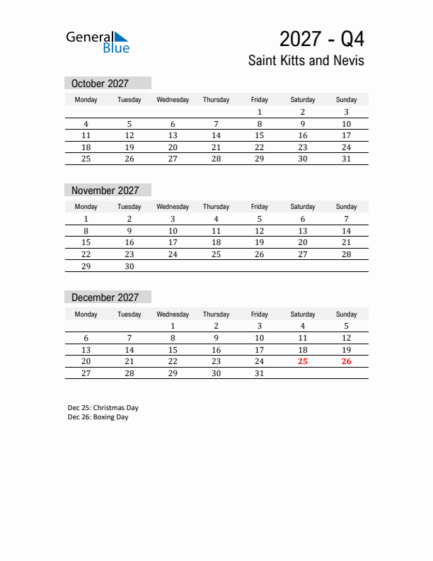 Saint Kitts and Nevis Quarter 4 2027 Calendar with Holidays