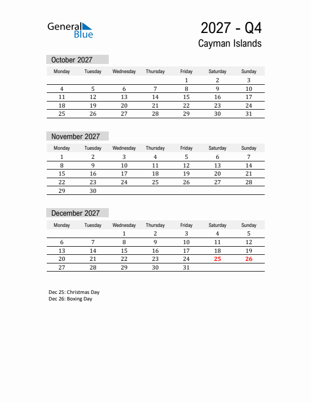 Cayman Islands Quarter 4 2027 Calendar with Holidays
