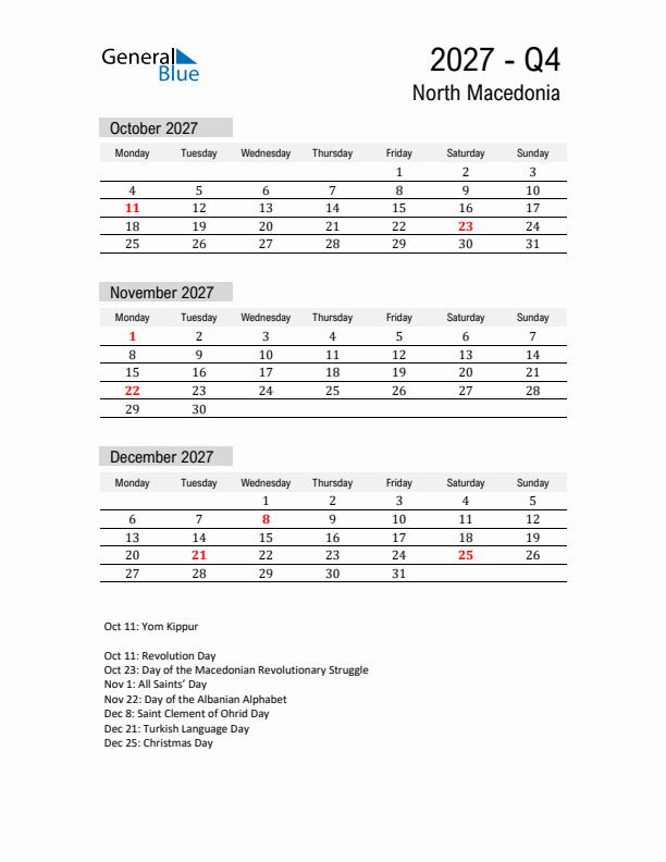 North Macedonia Quarter 4 2027 Calendar with Holidays