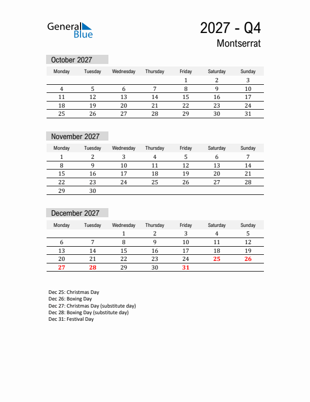 Montserrat Quarter 4 2027 Calendar with Holidays