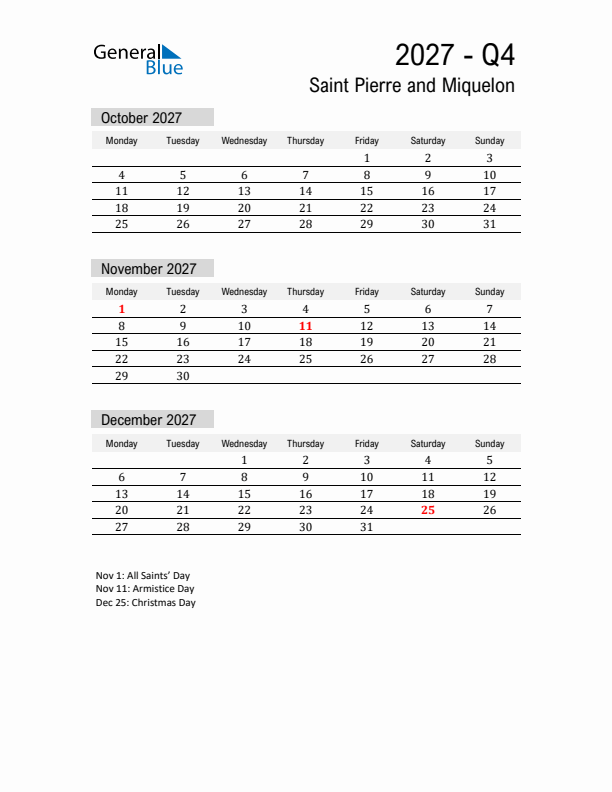 Saint Pierre and Miquelon Quarter 4 2027 Calendar with Holidays