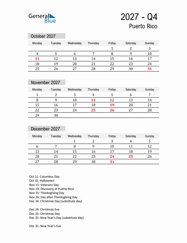 Puerto Rico Quarter 4 2027 Calendar with Holidays