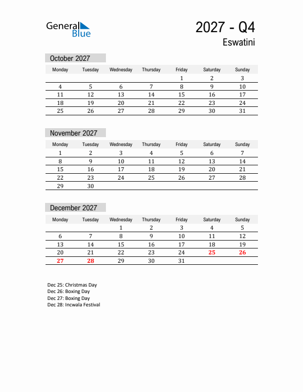 Eswatini Quarter 4 2027 Calendar with Holidays