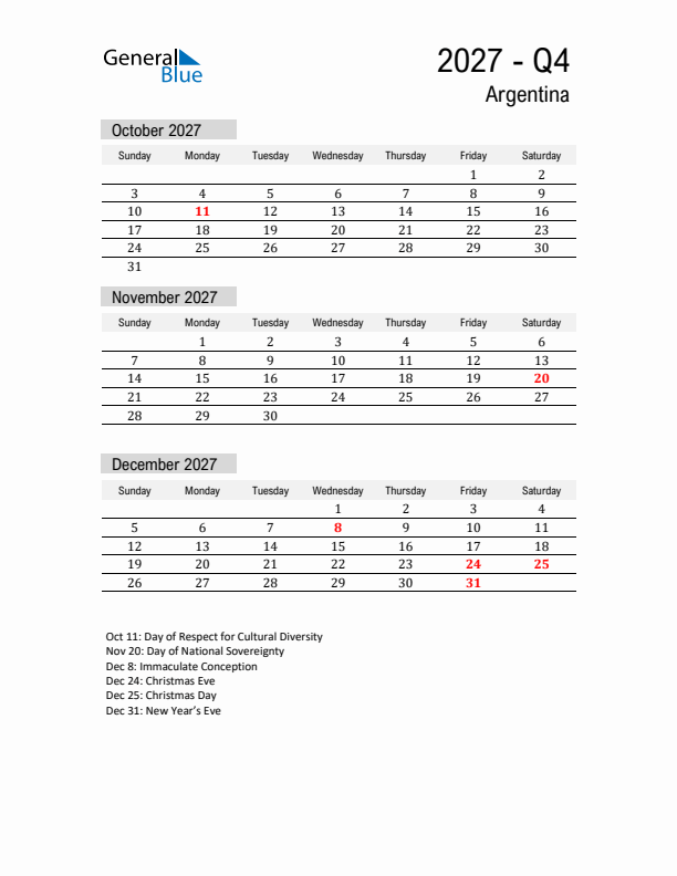 Argentina Quarter 4 2027 Calendar with Holidays