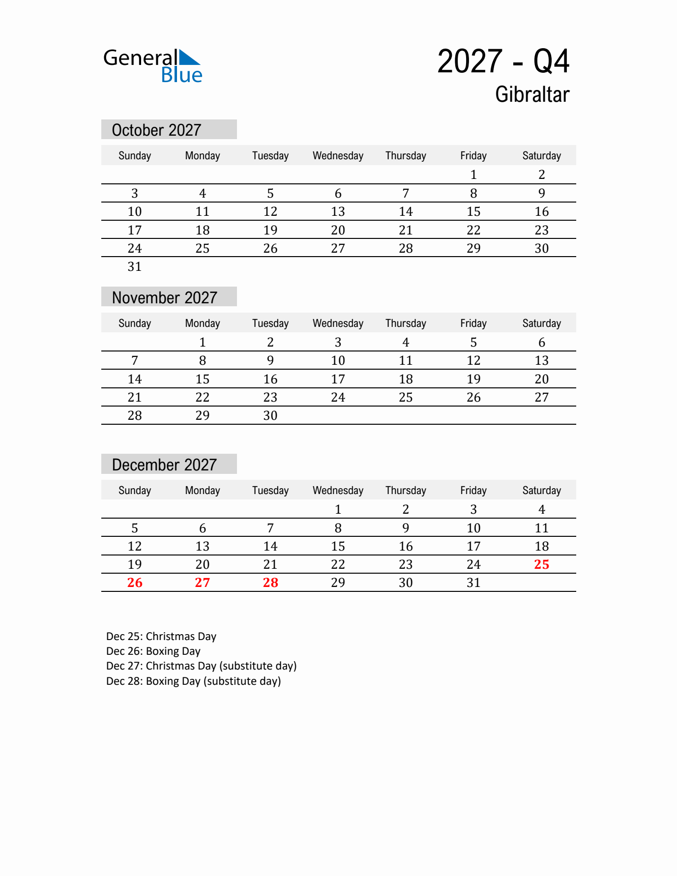 Gibraltar Quarter 4 2027 Calendar with Holidays