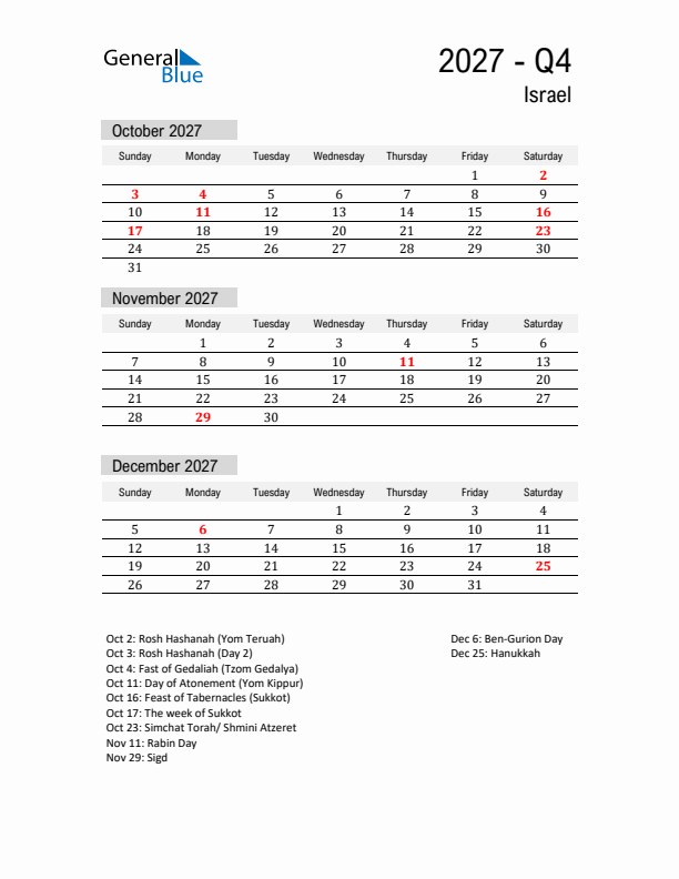 Israel Quarter 4 2027 Calendar with Holidays