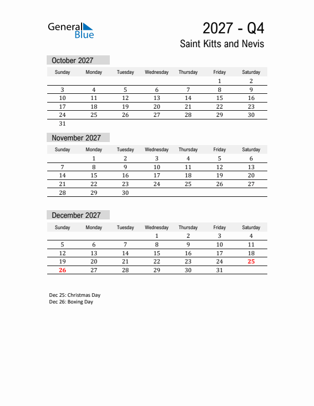 Saint Kitts and Nevis Quarter 4 2027 Calendar with Holidays