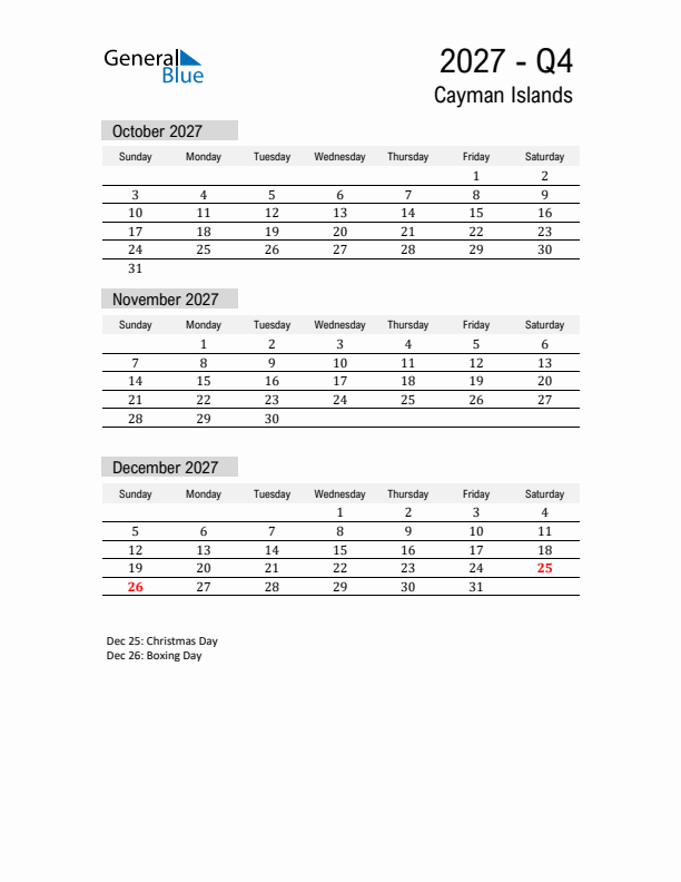 Cayman Islands Quarter 4 2027 Calendar with Holidays