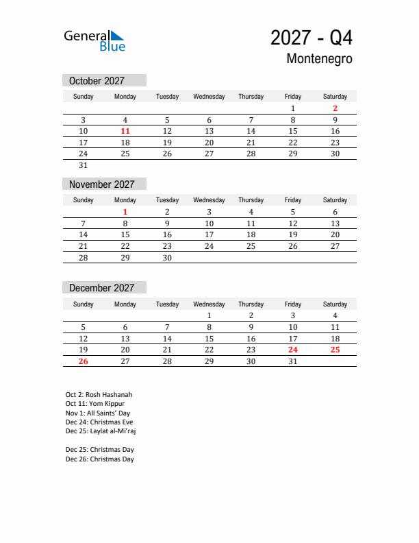 Montenegro Quarter 4 2027 Calendar with Holidays