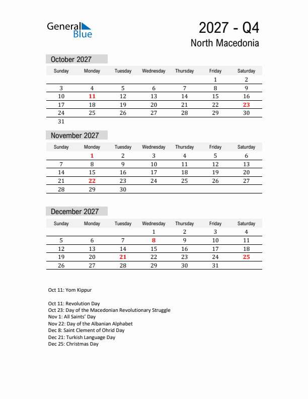 North Macedonia Quarter 4 2027 Calendar with Holidays