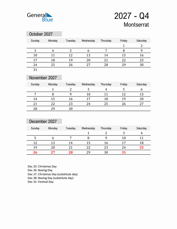 Montserrat Quarter 4 2027 Calendar with Holidays