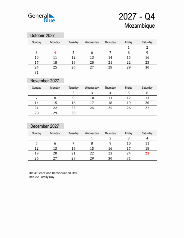 Mozambique Quarter 4 2027 Calendar with Holidays