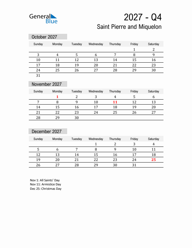 Saint Pierre and Miquelon Quarter 4 2027 Calendar with Holidays
