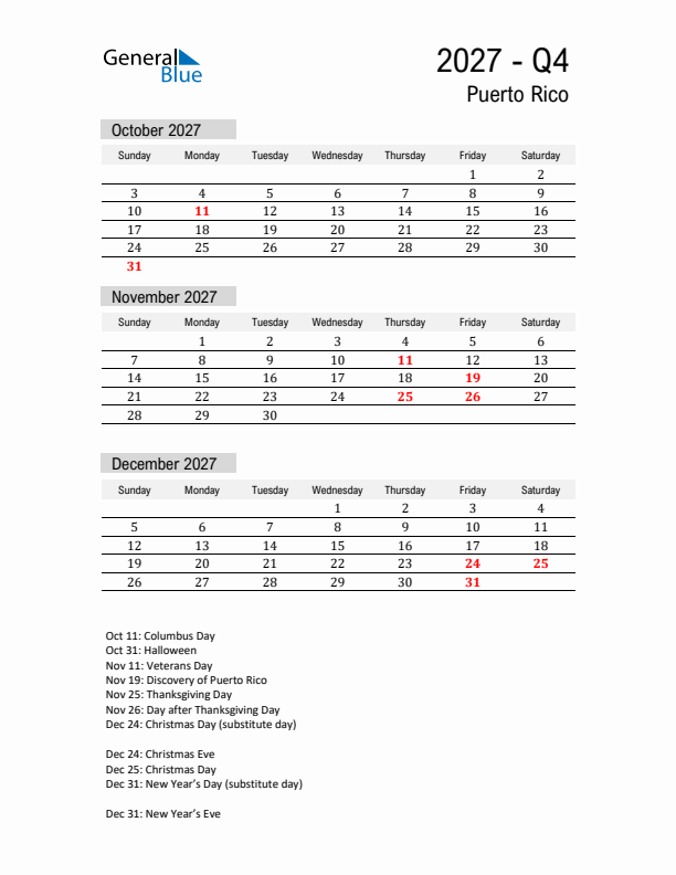 Puerto Rico Quarter 4 2027 Calendar with Holidays