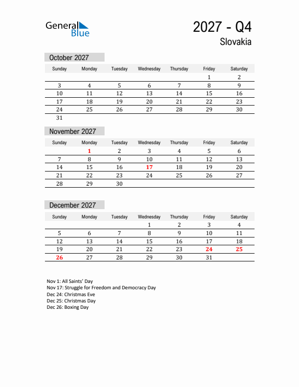 Slovakia Quarter 4 2027 Calendar with Holidays