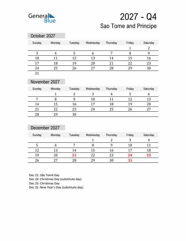 Sao Tome and Principe Quarter 4 2027 Calendar with Holidays
