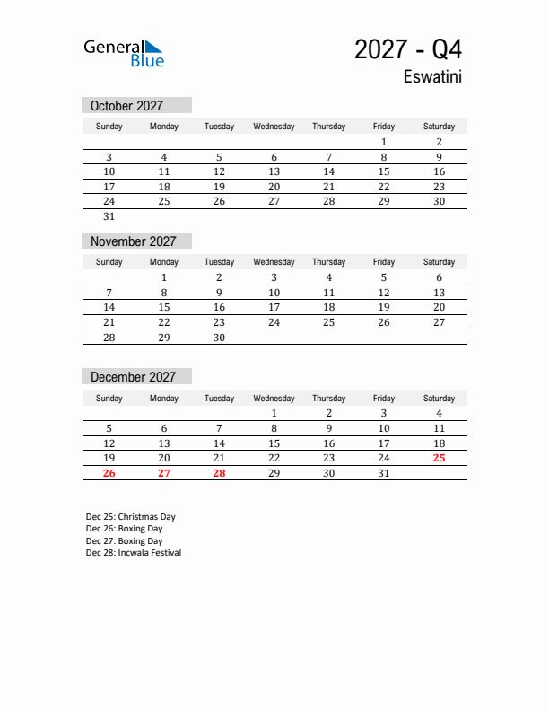 Eswatini Quarter 4 2027 Calendar with Holidays