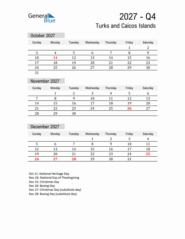 Turks and Caicos Islands Quarter 4 2027 Calendar with Holidays