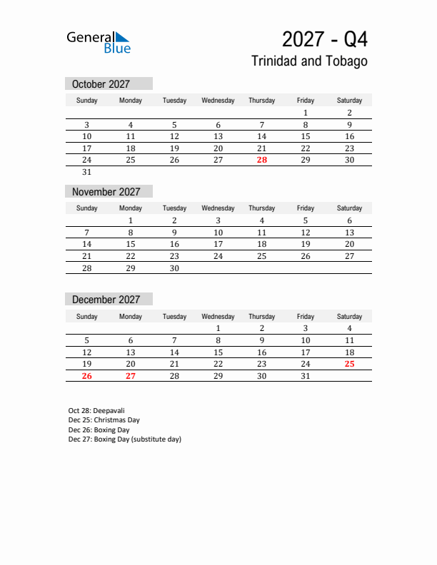 Trinidad and Tobago Quarter 4 2027 Calendar with Holidays
