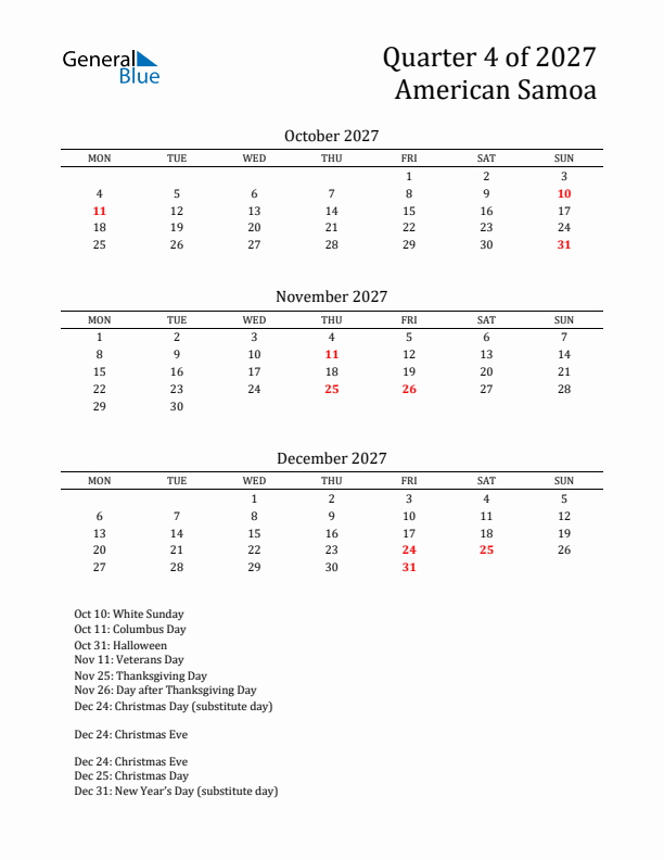 Quarter 4 2027 American Samoa Quarterly Calendar