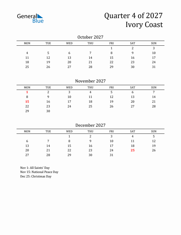 Quarter 4 2027 Ivory Coast Quarterly Calendar