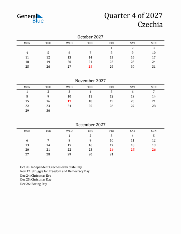 Quarter 4 2027 Czechia Quarterly Calendar