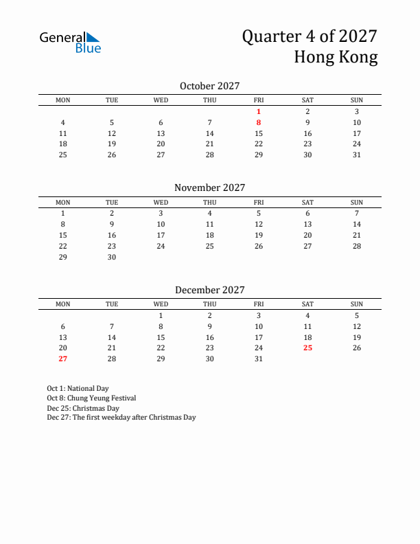 Quarter 4 2027 Hong Kong Quarterly Calendar