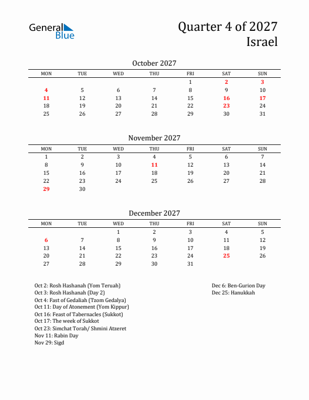 Quarter 4 2027 Israel Quarterly Calendar