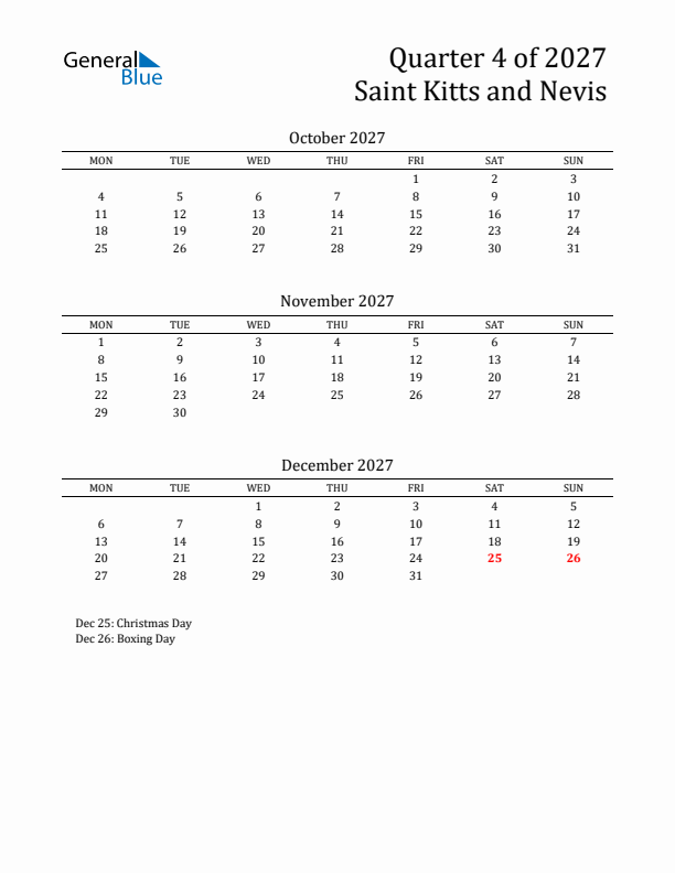 Quarter 4 2027 Saint Kitts and Nevis Quarterly Calendar