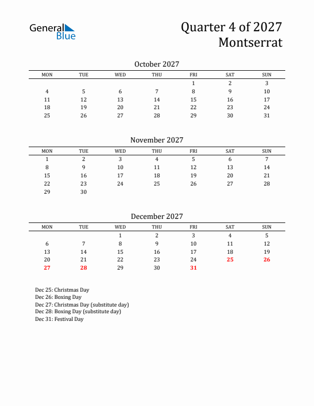Quarter 4 2027 Montserrat Quarterly Calendar