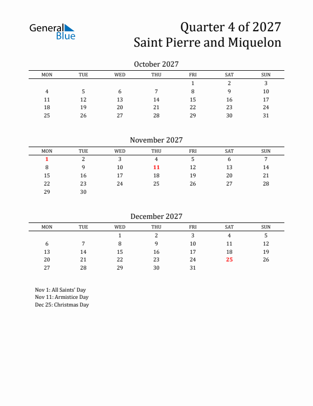 Quarter 4 2027 Saint Pierre and Miquelon Quarterly Calendar
