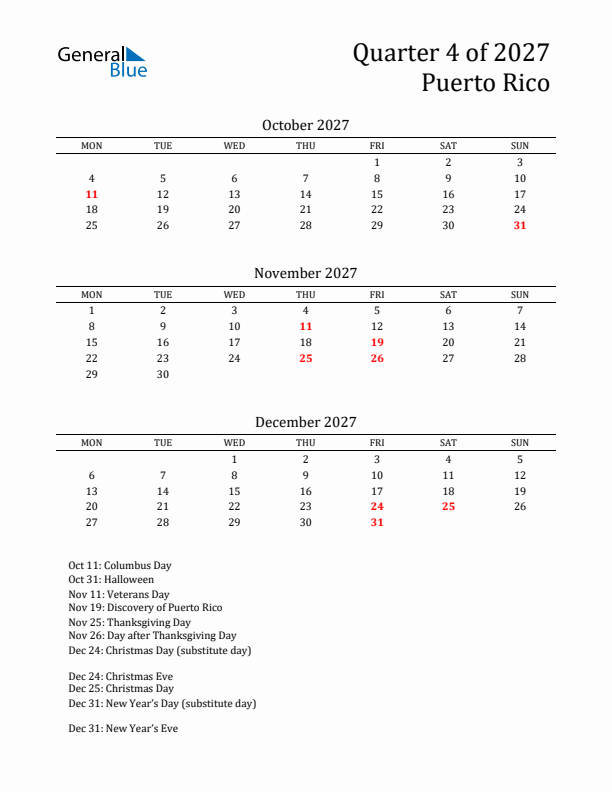 Quarter 4 2027 Puerto Rico Quarterly Calendar